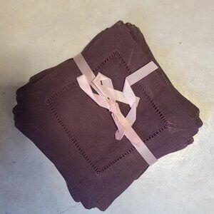 Sferra Brothers Hemstich Linen Cocktail Napkins - Burgundy - Set of 18 Pieces